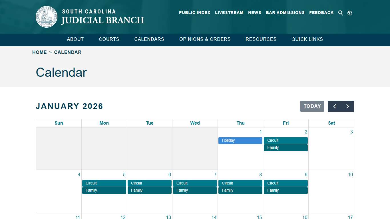 Calendar - South Carolina Judicial Branch